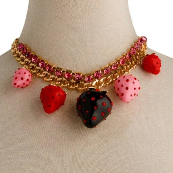 NWT Betsey Johnson Strawberry Necklace- Gold with Black, Red & Pink Strawberries - Picture 6 of 10